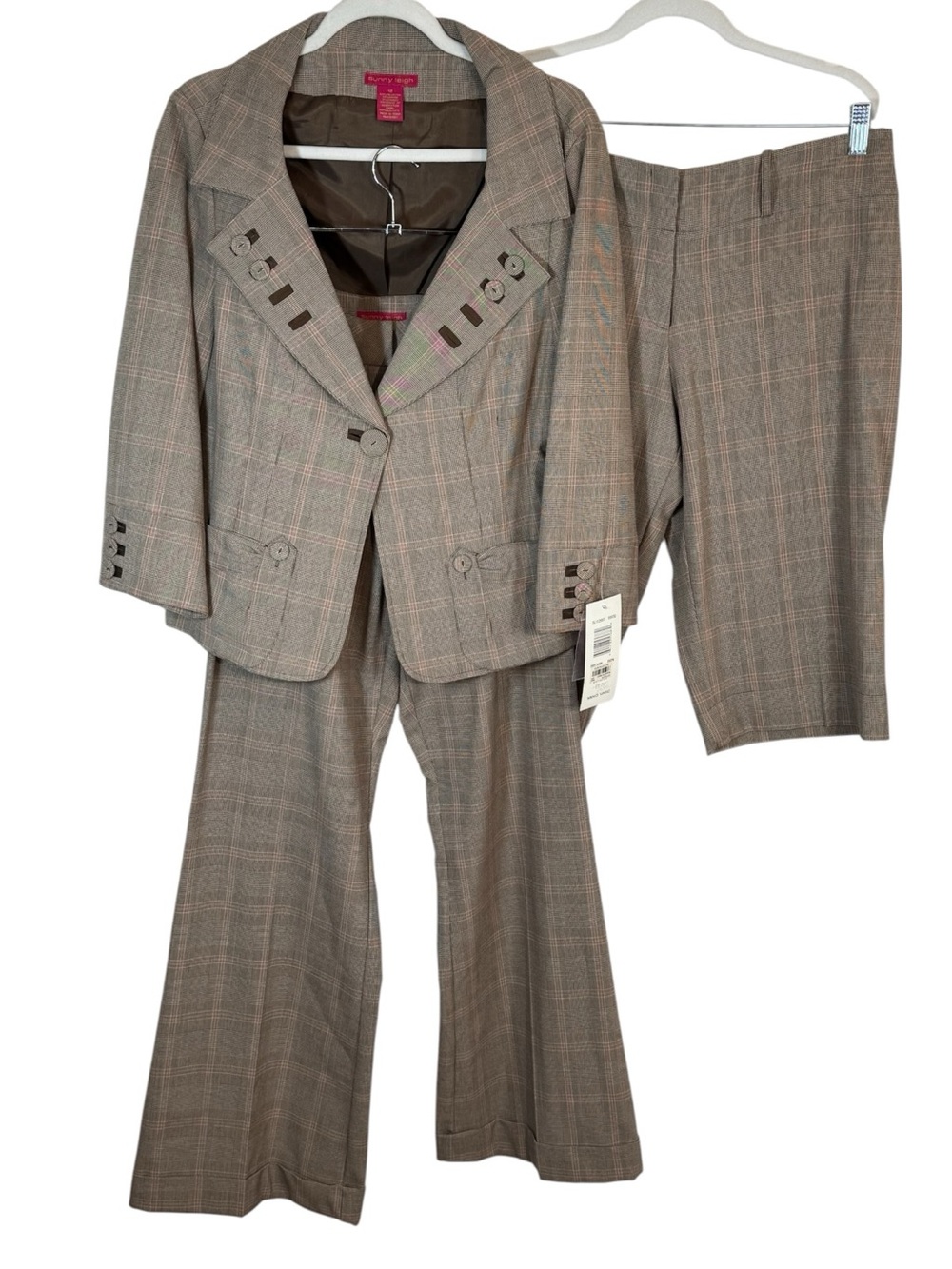 3 pc Cropped Jacket Shorts Pants Suit BROWN/PINK PLAID SUNNY LEIGH SZ 12